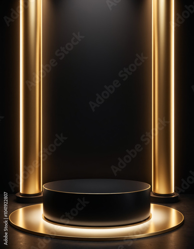 Black and gold empty podium on a dark abstract background. Modern platform for product placement, montage, promotion, mock up with copy space. 3d render for shopping day, Black friday or discount. 