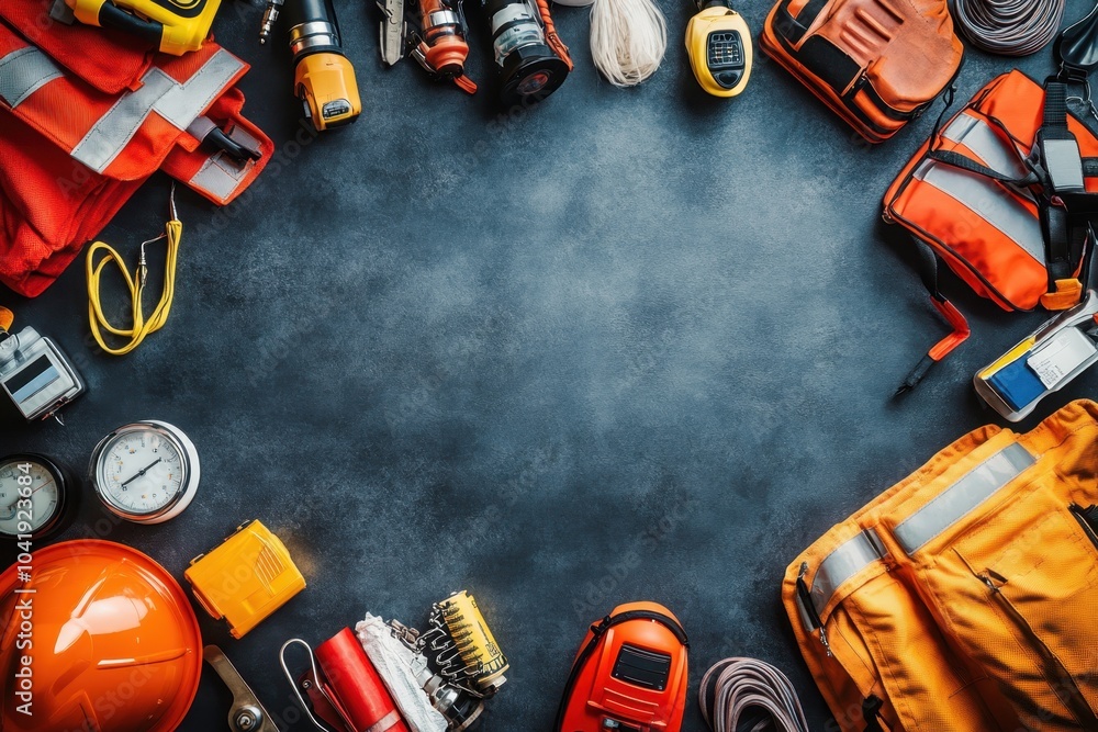Aerial view of various construction tools and safety gear on a dark surface Aerial view of various construction tools and safety gear on a dark surface
