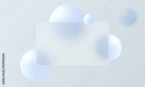 Glass morphism website landing page template. Frosted glass partition with floating blue spheres.