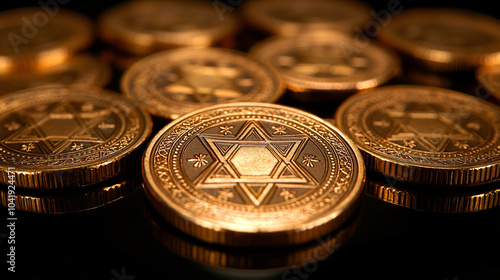 Golden Hanukkah gelt coins are beautifully arranged, reflecting light and showcasing intricate designs. These coins symbolize tradition and celebration during festival photo