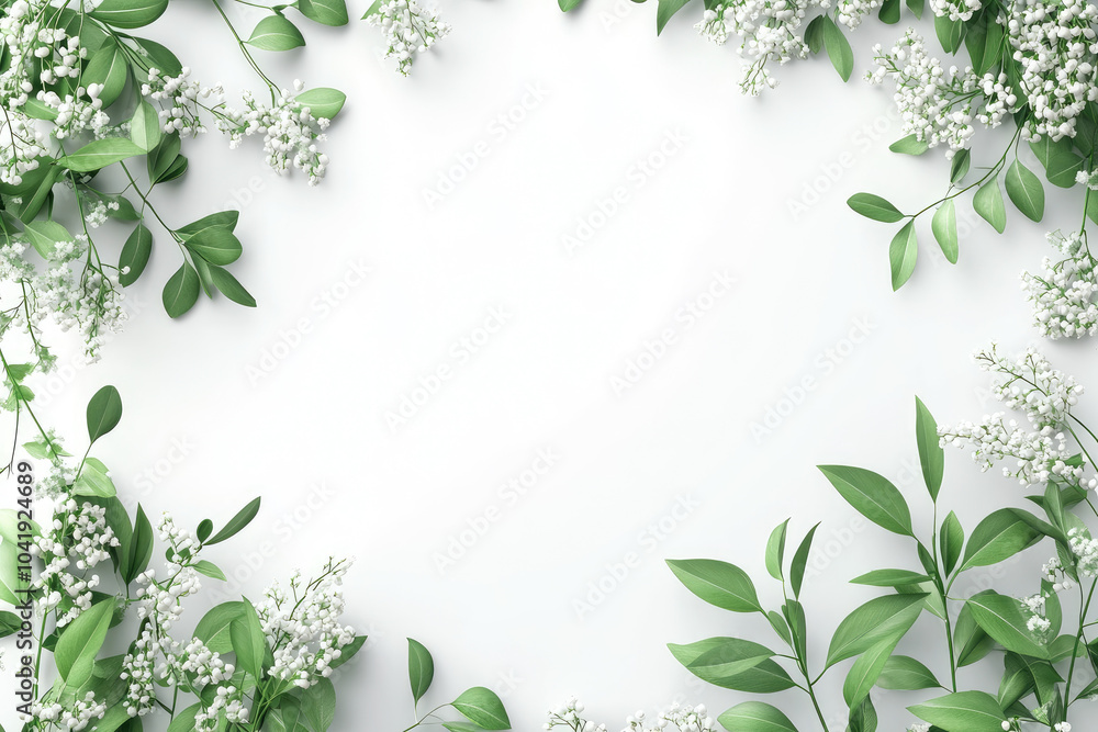 Naklejka premium Rectangular frame adorned with lilies of the valley and eucalyptus, featuring a blank space for personalized text, 3D illustration on white background