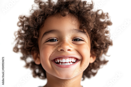 Charming portrait of a mixed race boy child model, showcasing bright clean teeth and an engaging smile, exuding innocence and joy.