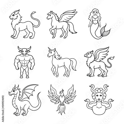 Mythical Creatures Coloring Page Line Art Bundle – Dragon, Phoenix, Griffin, Unicorn, and More