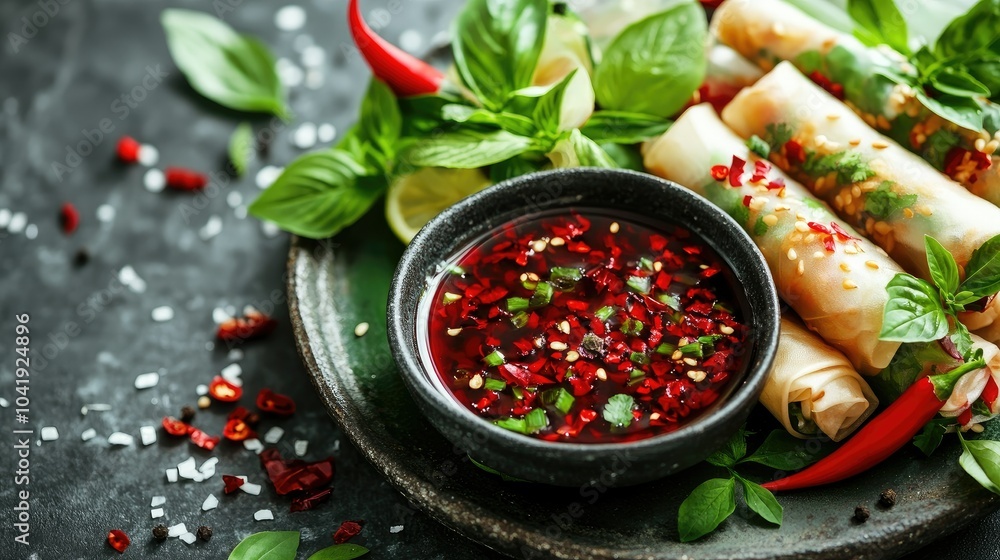 Spring rolls on a serving dish with a dipping bowl of soy sauce, garnished with sliced chili and fresh herbs for a colorful presentation. --chaos Spring rolls on a serving dish with a dipping bowl of soy sauce, garnished with sliced chili and fresh herbs for a colorful presentation. --chaos