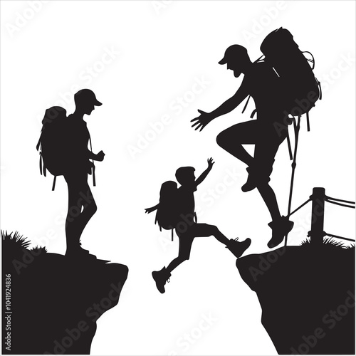 Hiker people joyfully jump from a cliff, framed by a stunning sunset, symbolizing exhilaration and the spirit of adventure.