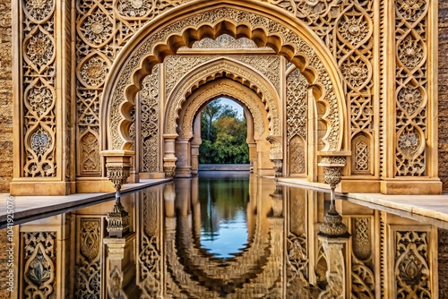 Reflected abstract art carvings on arched entrance