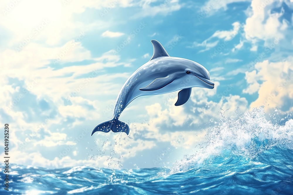 Fototapeta premium Playful Dolphin Jumping Out of Water with Splash - Cartoon Style Illustration
