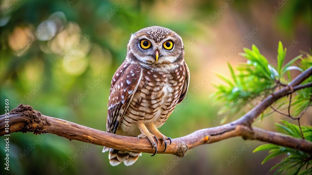 Daytime sentinel owl resting on a branch forced perspective Daytime sentinel owl resting on a branch forced perspective