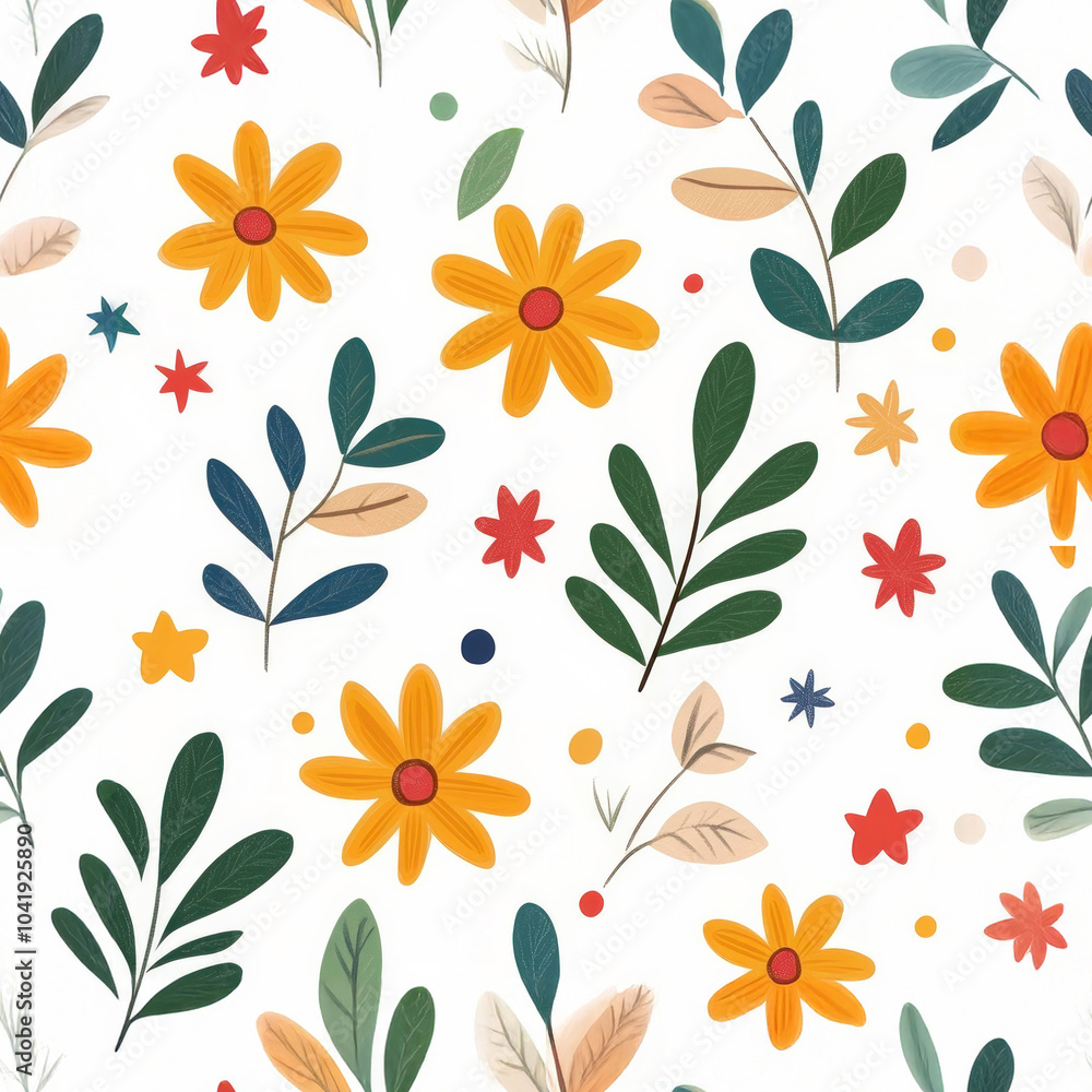 Bright and cheerful floral pattern featuring vibrant orange flowers, green leaves, and colorful accents. This design brings lively and fresh atmosphere to any space Bright and cheerful floral pattern featuring vibrant orange flowers, green leaves, and colorful accents. This design brings lively and fresh atmosphere to any space