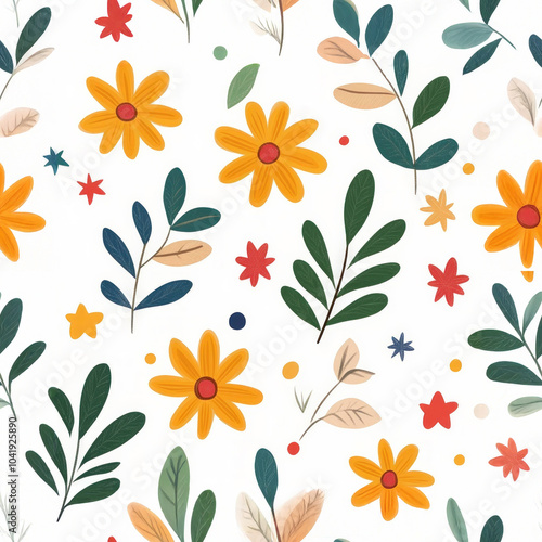 Bright and cheerful floral pattern featuring vibrant orange flowers, green leaves, and colorful accents. This design brings lively and fresh atmosphere to any space