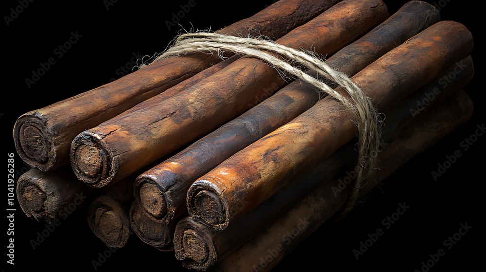 Close-up of a bundle of cinnamon sticks tied with twine, isolated on a black background. Close-up of a bundle of cinnamon sticks tied with twine, isolated on a black background.