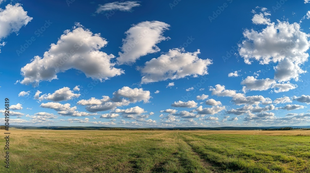 Wide-angle view of scattered fair-weather clouds drifting across a vivid blue sky, evoking a sense of calmness and open space on a sunny afternoon. --chaos Wide-angle view of scattered fair-weather clouds drifting across a vivid blue sky, evoking a sense of calmness and open space on a sunny afternoon. --chaos