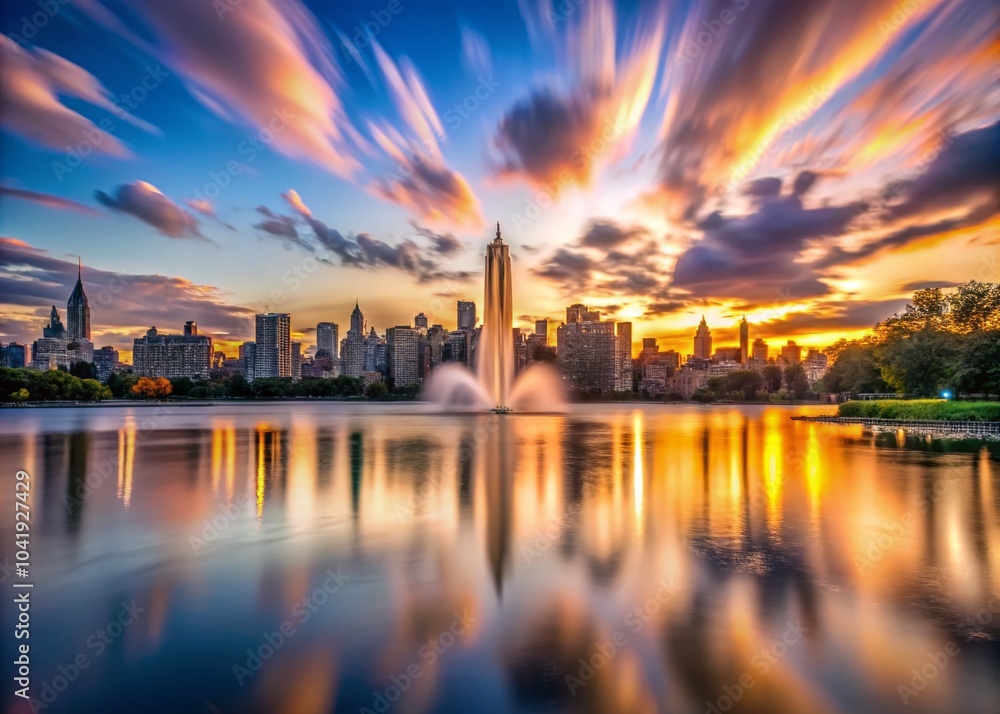 Obraz premium Long Exposure of Central Park Reservoir and Fountain with Upper East Side Skyline in New York City