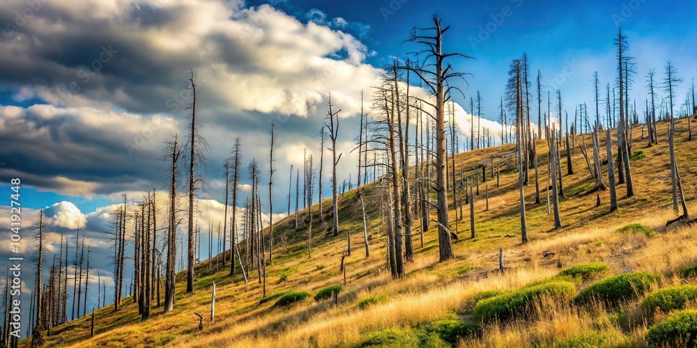 Dead trees on the slopes of the mountains at a tilted angle Dead trees on the slopes of the mountains at a tilted angle