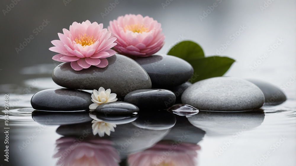 Stacked stones and pink flower on water reflecting tranquil natural beauty and serenity. Stacked stones and pink flower on water reflecting tranquil natural beauty and serenity.