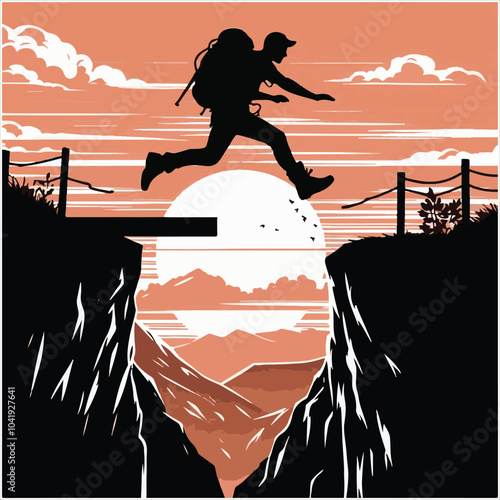 Hiker people joyfully jump from a cliff, framed by a stunning sunset, symbolizing exhilaration and the spirit of adventure.