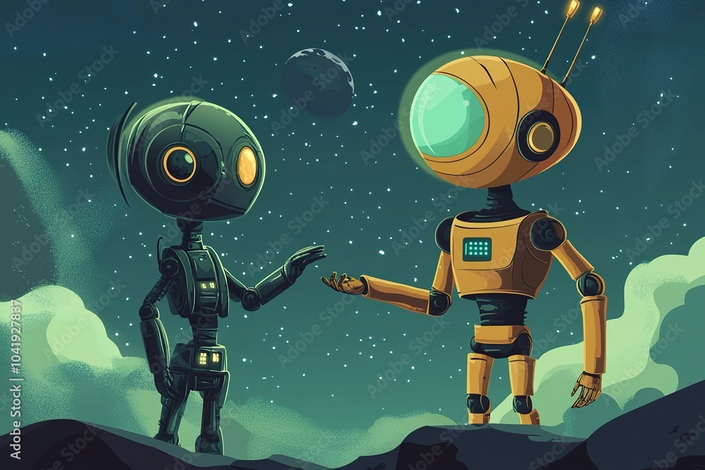 Naklejka premium Robot and Alien Sharing Intergalactic Travel Stories: A Cartoon Adventure