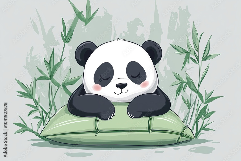 Adorable Sleepy Panda Cuddling Soft Bamboo Pillow Cartoon Illustration Adorable Sleepy Panda Cuddling Soft Bamboo Pillow Cartoon Illustration