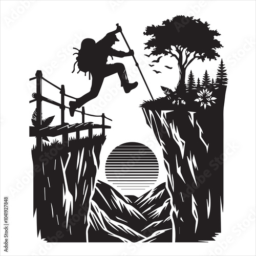 Hiker people joyfully jump from a cliff, framed by a stunning sunset, symbolizing exhilaration and the spirit of adventure.