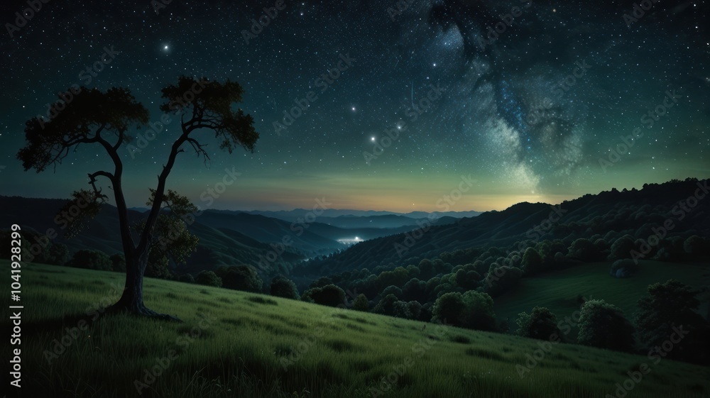 Naklejka premium A breathtaking night sky stretches across a vast, rolling landscape. A solitary tree stands silhouetted against the starry expanse, its branches reaching towards the heavens