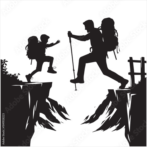 Hiker people joyfully jump from a cliff, framed by a stunning sunset, symbolizing exhilaration and the spirit of adventure.