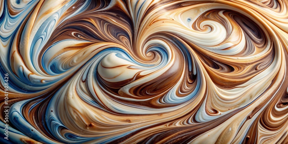 Decadent layers of brown, white, and blue swirls in creamy substance medium shot Decadent layers of brown, white, and blue swirls in creamy substance medium shot