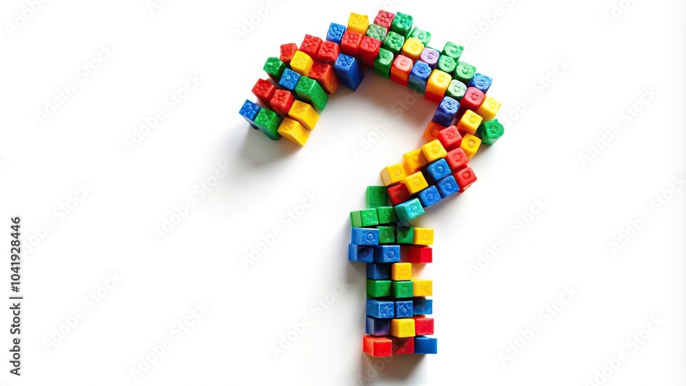 Extreme close-up shot of colorful plastic toy brick question mark isolated on white background Extreme close-up shot of colorful plastic toy brick question mark isolated on white background