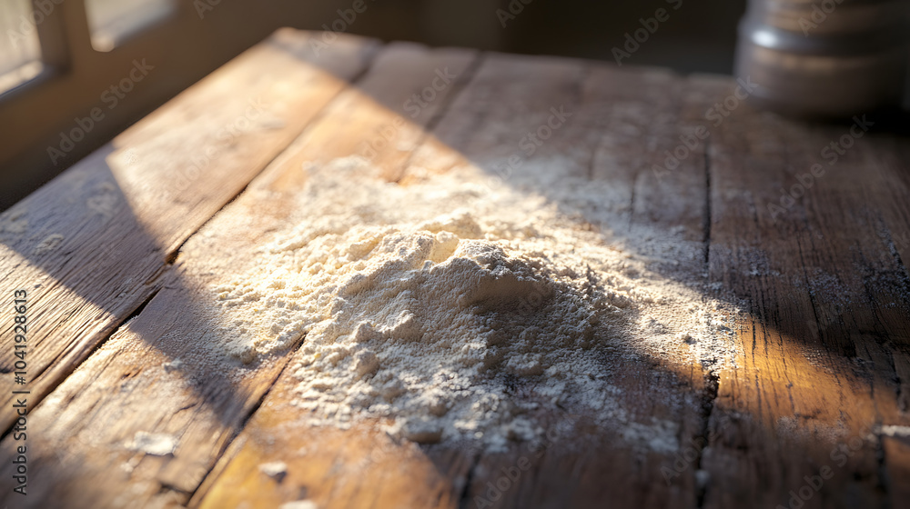 Wheat flour pile on a wooden table, unrefined organic flour for breadm natural ingredient, concept background for bakery Wheat flour pile on a wooden table, unrefined organic flour for breadm natural ingredient, concept background for bakery