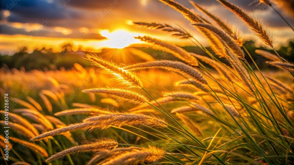 Long Grass at Sunset in Vibrant Golden Glow - Macro Photography of Countryside Serenity Long Grass at Sunset in Vibrant Golden Glow - Macro Photography of Countryside Serenity