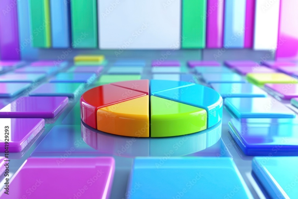 Fototapeta premium A colorful pie chart sits on a glossy surface, surrounded by colorful squares.
