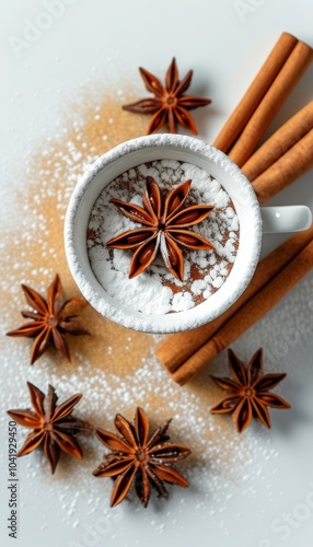 A cup of tea decorated with cinnamon sticks and star anise, resting on a bed of powdered sugar.