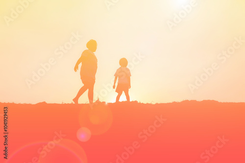 kid silhouette,Moments of the child's joy. On the Nature sunset