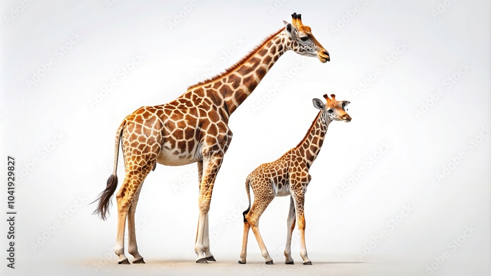 Obraz premium Depth of Field image of giraffe with calf on white background