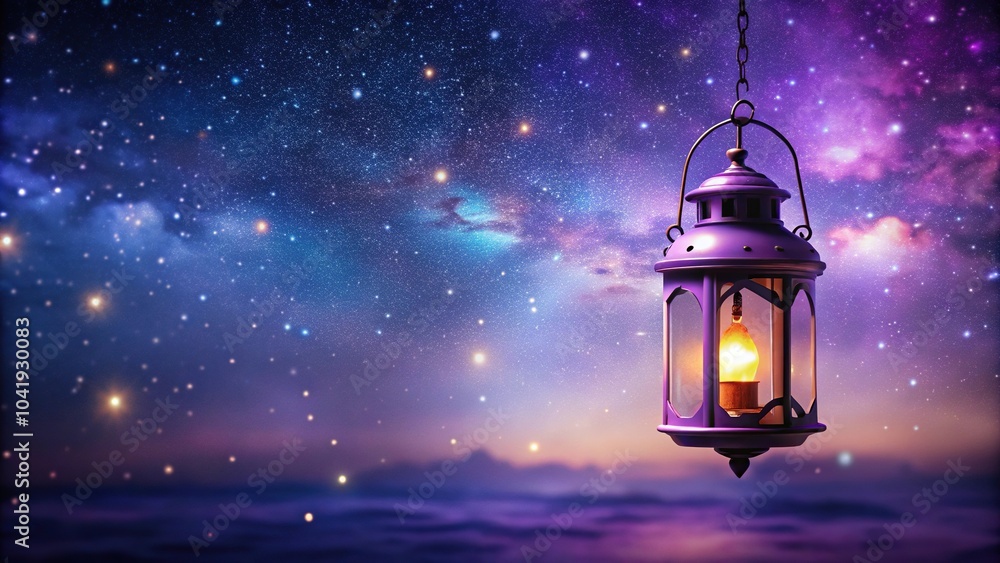 depth of field purple lantern hanging against starry night sky depth of field purple lantern hanging against starry night sky