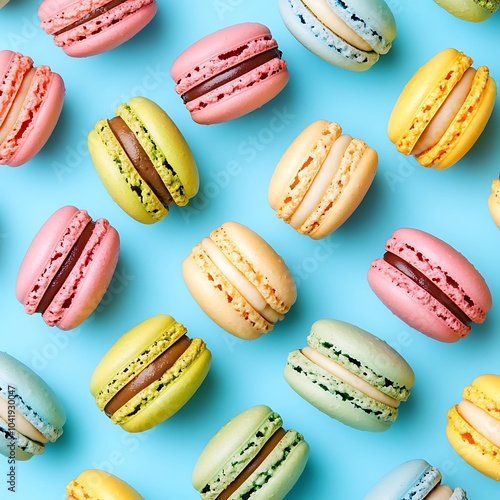 Colorful macaroons on a blue background. Toned.