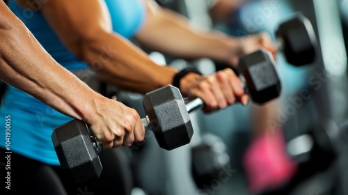 Close-up of two women working out with dumbbells in a gym setting.