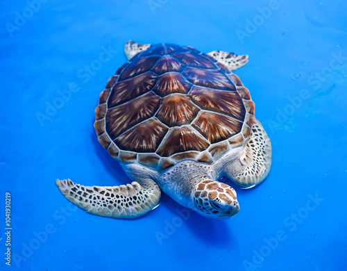 Adult Green turtle in blue tank background. Top view. photo