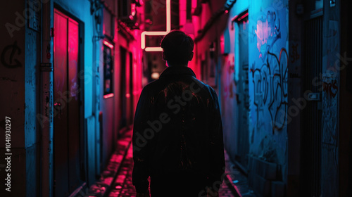 A cinematic portrait of a mysterious character in a dimly lit alleyway, framed by neon lights and shadows, evoking a noir film atmosphere