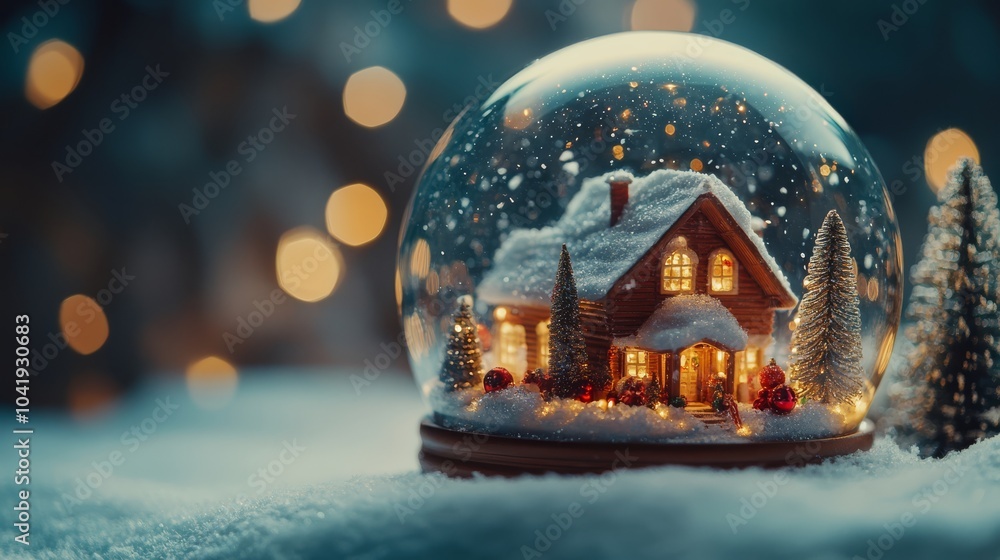 A glass magic snow globe with Christmas decorations. The concept of Christmas holidays A glass magic snow globe with Christmas decorations. The concept of Christmas holidays