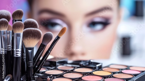 Close-up of makeup brushes and palettes with a blurred female model in the background.