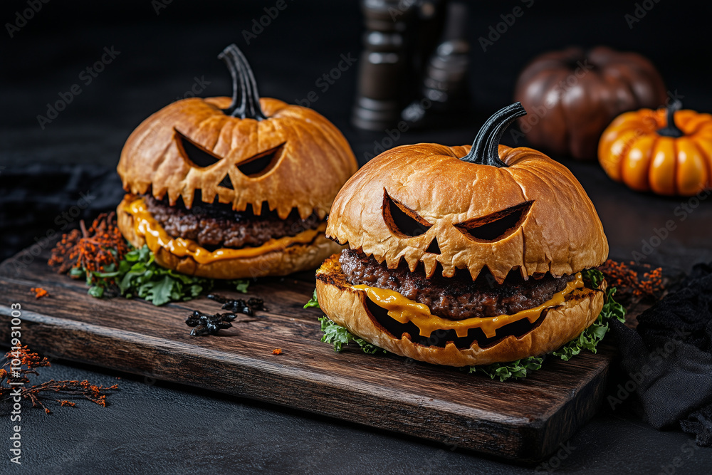 Delight your guests with a Halloween party treat: burgers shaped like scary pumpkins, all served on a beautifully aged wooden board for an authentic holiday vibe Delight your guests with a Halloween party treat: burgers shaped like scary pumpkins, all served on a beautifully aged wooden board for an authentic holiday vibe