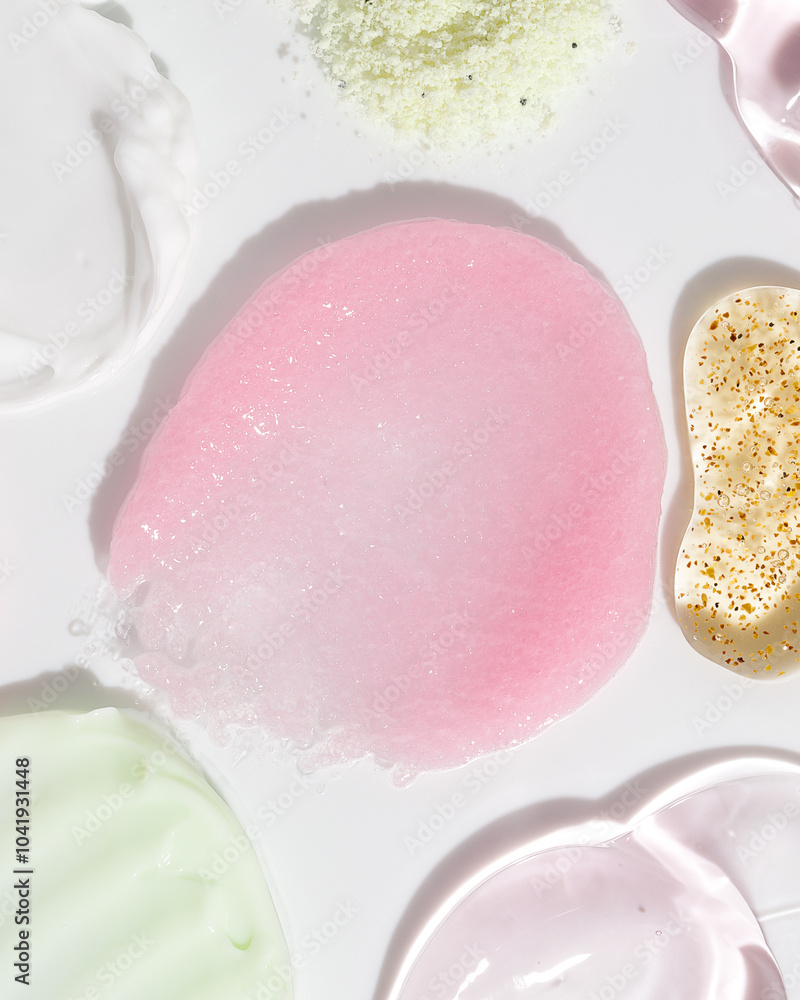 Composition of various cosmetic scrub, creams and serum smear on white background. Beauty texture. Sample of a cosmetic product Composition of various cosmetic scrub, creams and serum smear on white background. Beauty texture. Sample of a cosmetic product