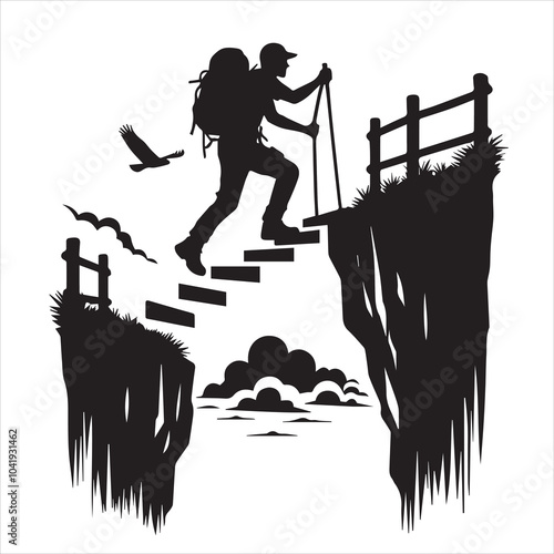 Hiker people joyfully jump from a cliff, framed by a stunning sunset, symbolizing exhilaration and the spirit of adventure.