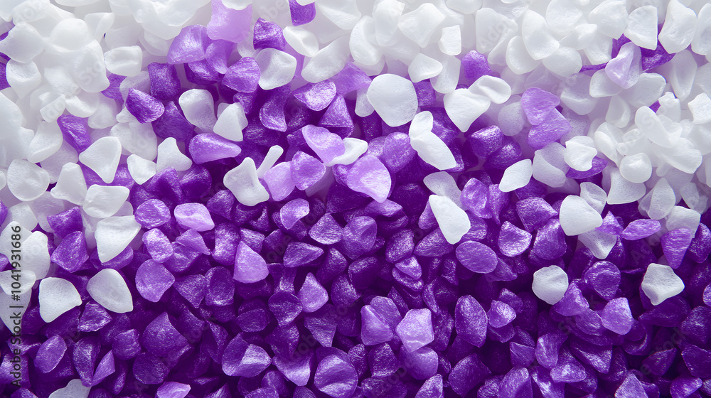 closeup of purple and white masterbatch granules, plastic beats pellets for industry extrusion and injection molding. closeup of purple and white masterbatch granules, plastic beats pellets for industry extrusion and injection molding.