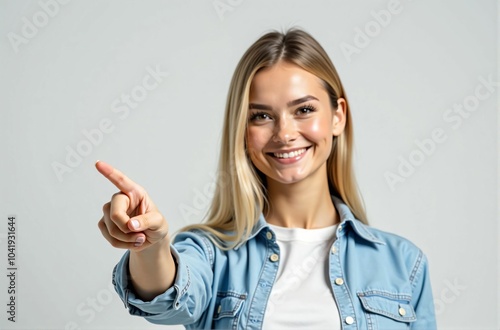 Optimistic and Forward-Looking Woman Pointing with a Bright Smile, Symbolizing Positivity, Confidence, and Hope for the Future photo