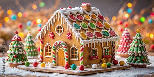 decorative gingerbread house with intricate icing and candy details