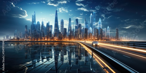 Futuristic city skyline at dusk