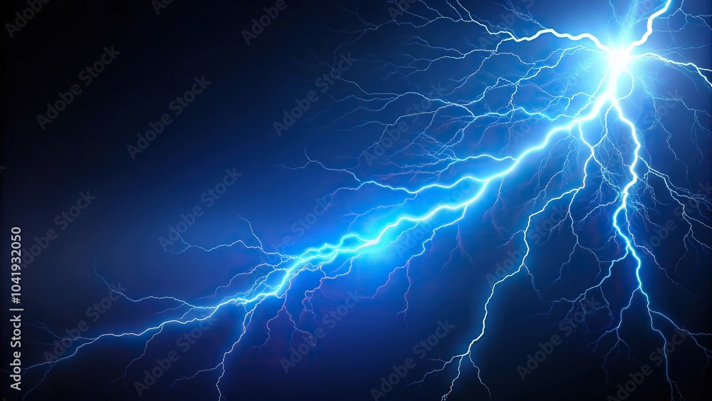 Description: Bright flash of lightning illuminating the dark blue night sky background.