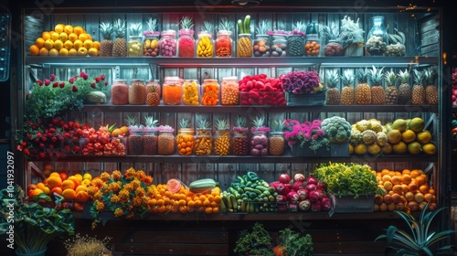 Conceptualize a neon exhibit of holistic nutrition symbols, including shimmering