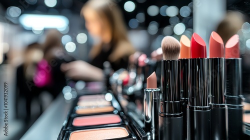 Close-up of vibrant lipsticks and makeup brushes on a counter with a blurred background.